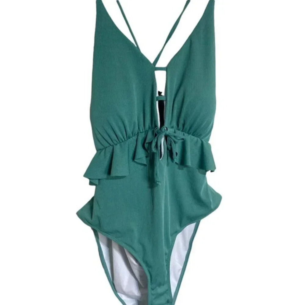 SHEIN One Piece Swimsuit 4XL Green Ruffle‎ Tie Front Ribbed Cut Out Back Boho
